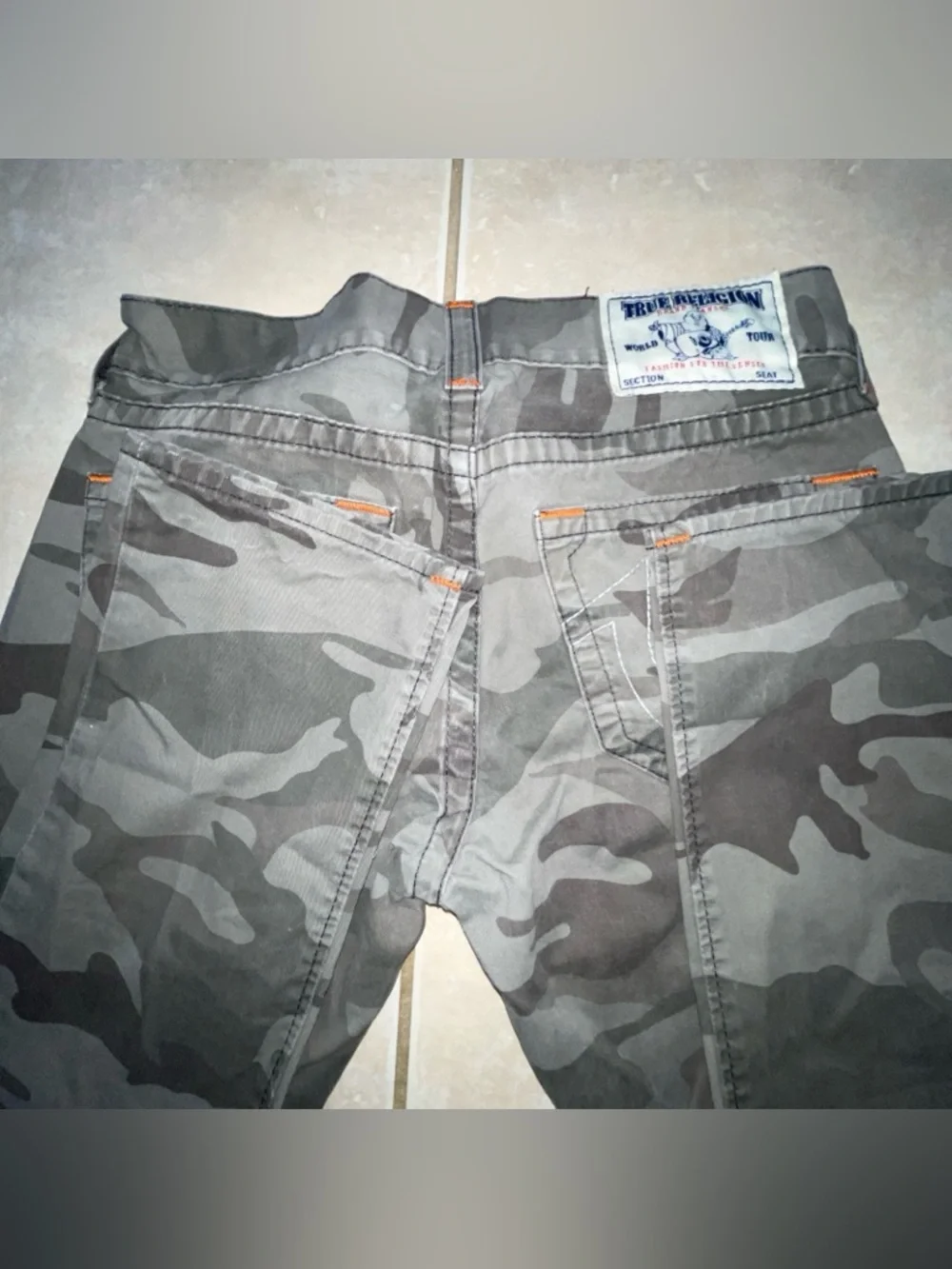 Men's True Religion Moto Skinny Fog Black T Orange Stitch Camo Jeans Pants 32